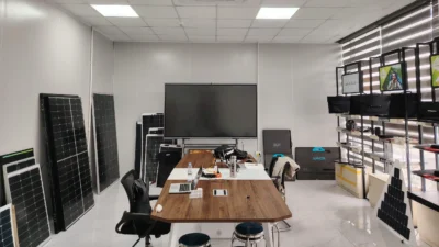 Showroom inside WistekEnergy meeting room featuring solar canopy and portable energy solutions